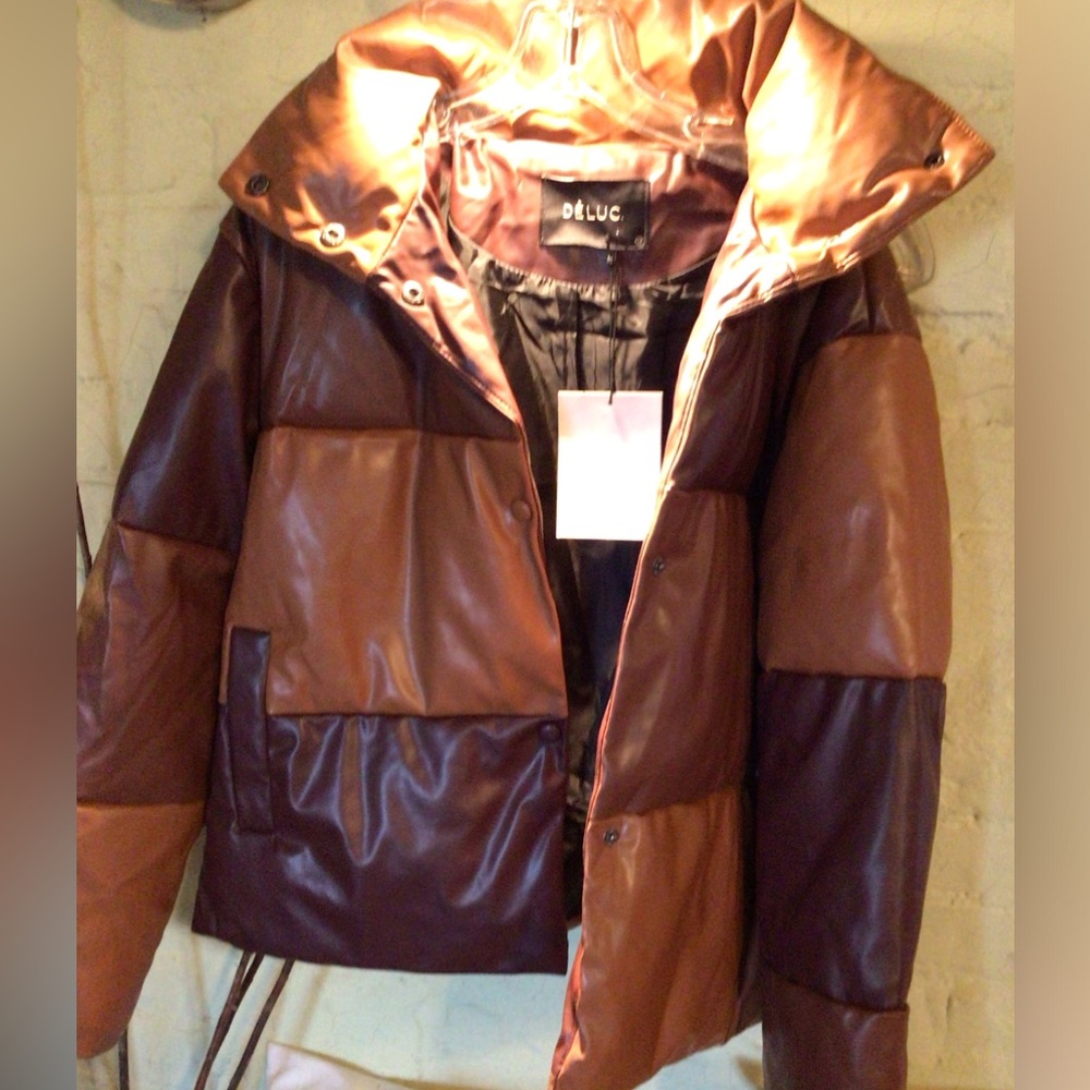 Deluc Two-Tone Brown Faux Leather Puffer Jacket